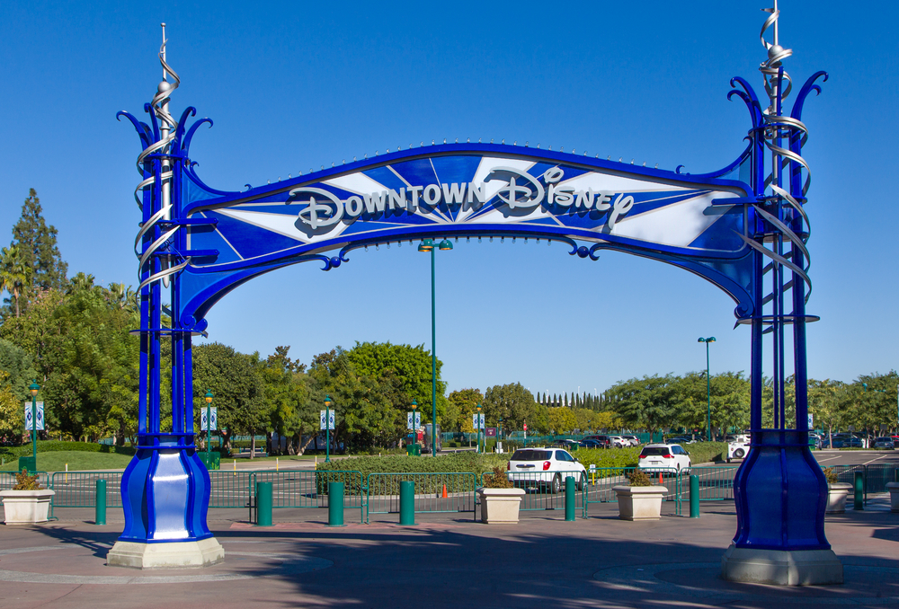 Downtown Disney entrance sign. Downtown Disney is the name of an outdoor shopping, dining, and entertainment complex next to Disneyland.