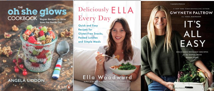 Book covers for cookbooks: Oh she glows, Deliciously Ella Every Day, It's All Easy