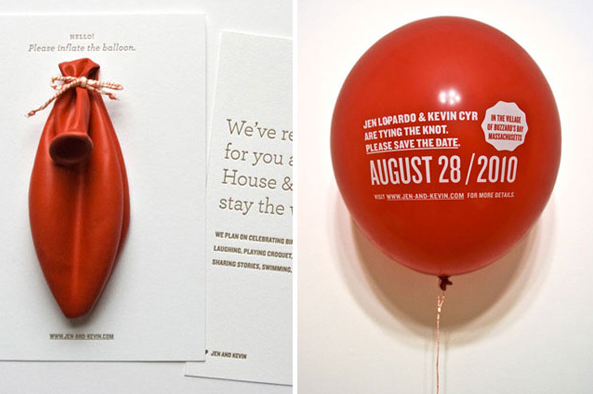 A unique wedding invitation that includes a balloon. 