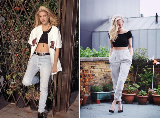 Tori Spelling wearing a black crop top in the'90s vs. a stylish person wearing one today.