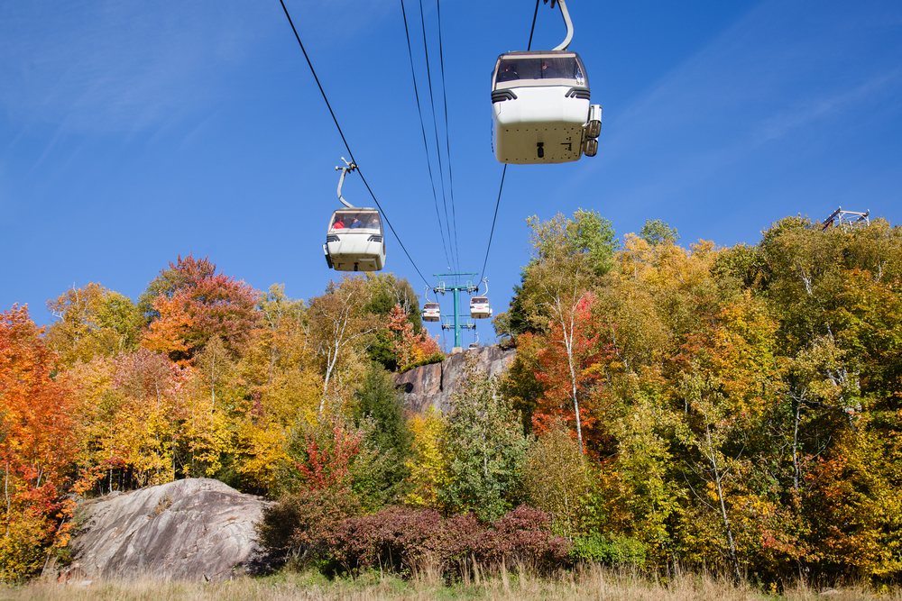 Lush boreal forest view of Mont Tremblan (trembling mountain), Laurentian mountains. Panoramic gondola cableway.