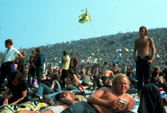 Group shot of concert goers at the Isle of Wight festival in 1970.