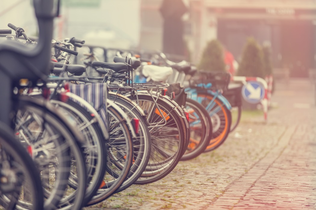 A group of parked bicycles