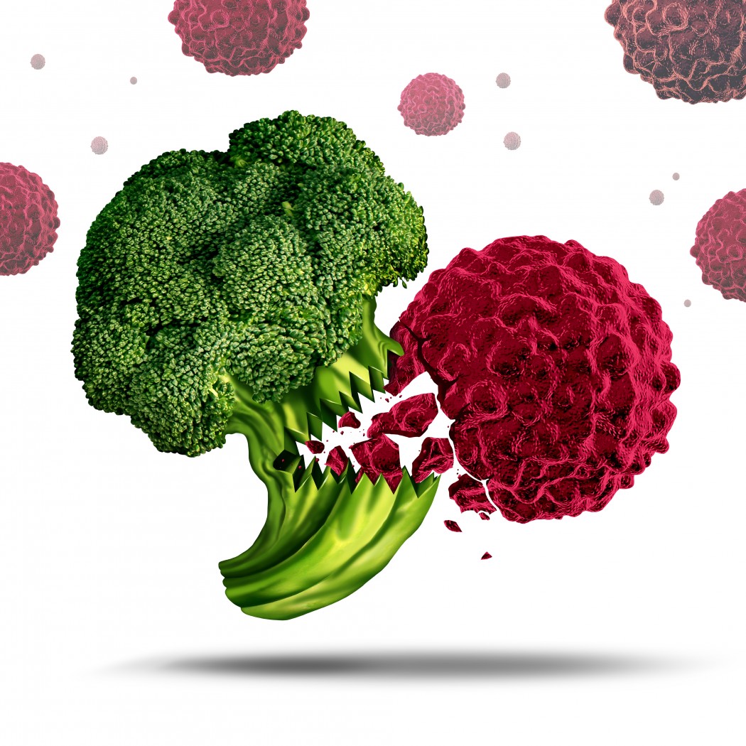 Superfood concept or super food symbol as a Broccoli character eating a cancer cell to prevent disease as a nutrient rich vegetable beneficial for human health and living a healthy lifestyle.