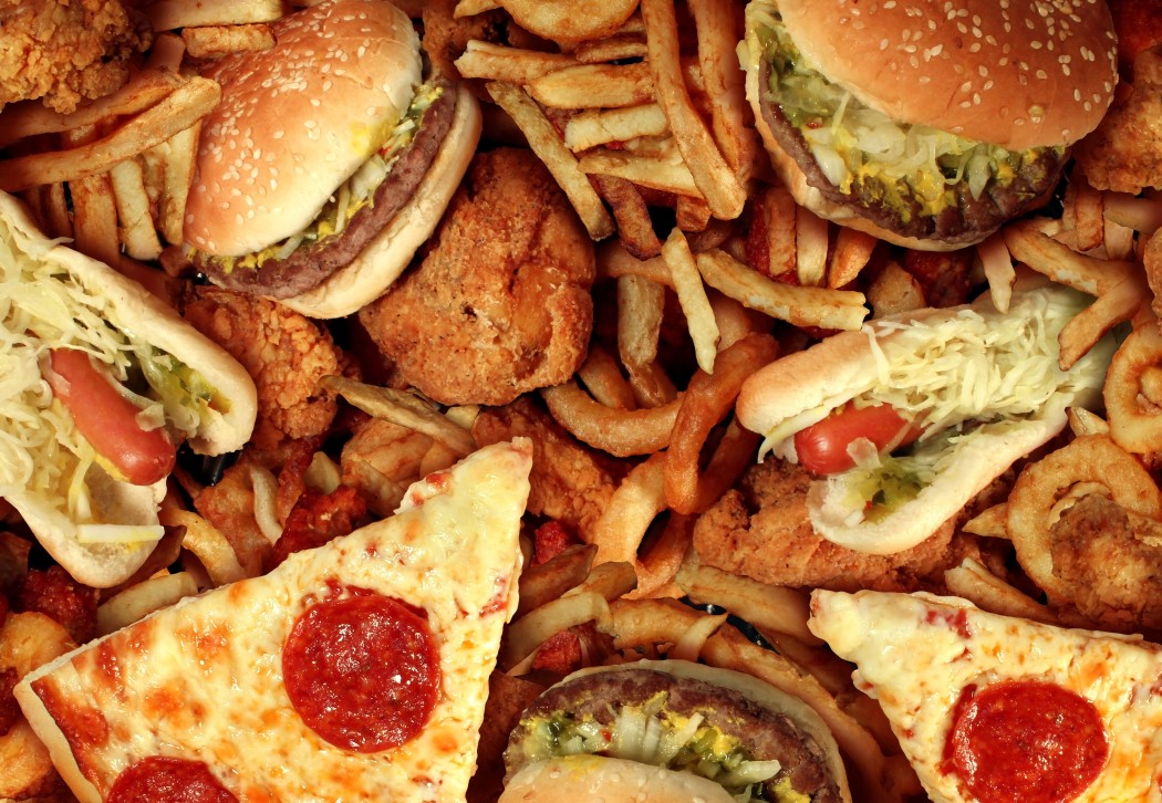 Fast food like pizza, burgers, fries.