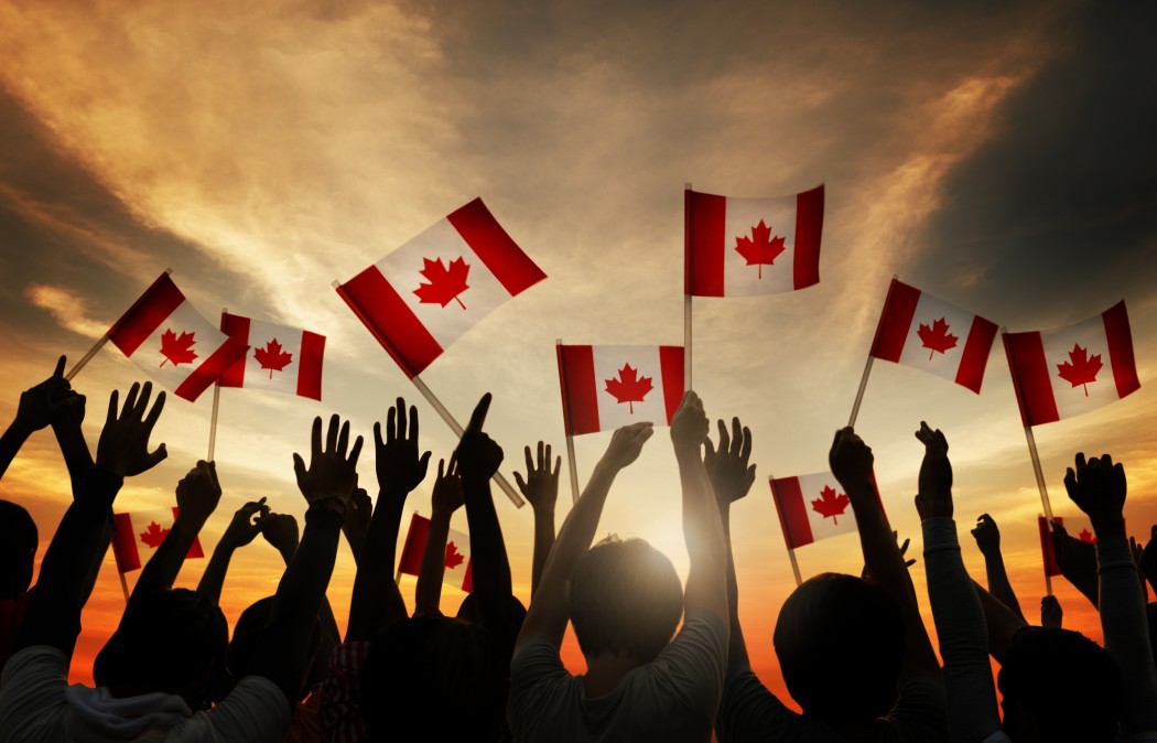 A group of people waving Canadian flags.