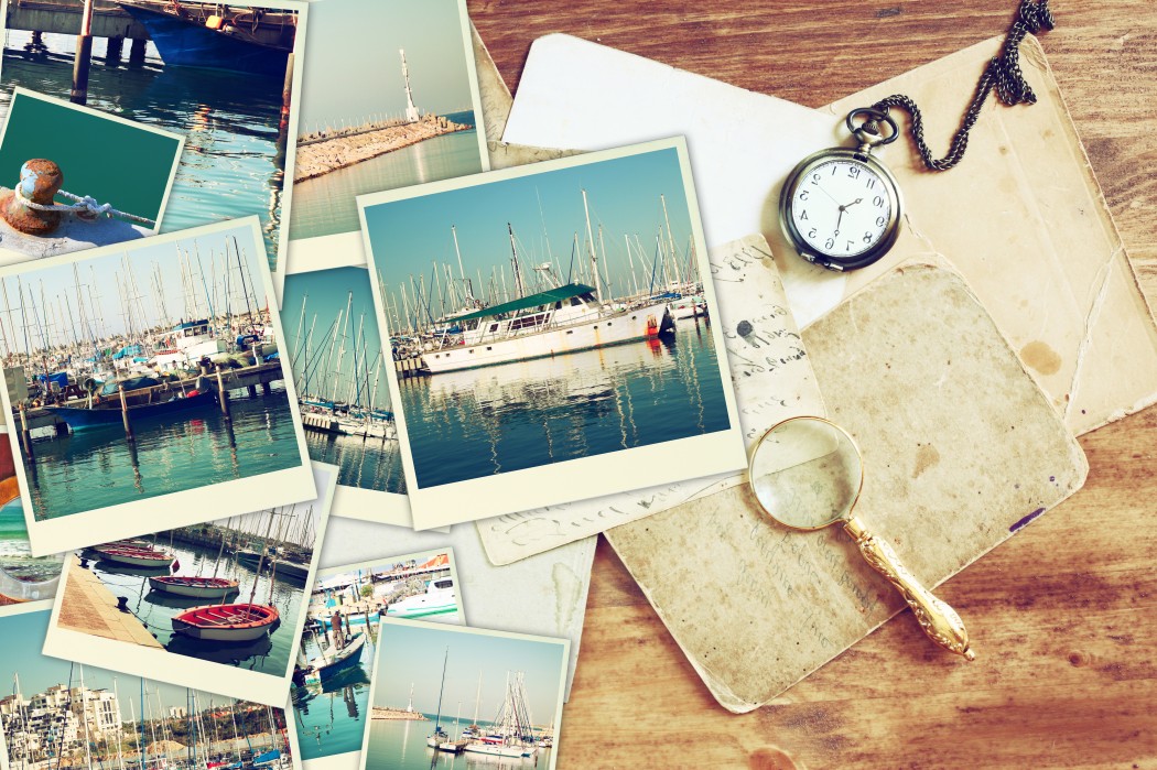A photo collage of yachts, coast, lighthouse.
