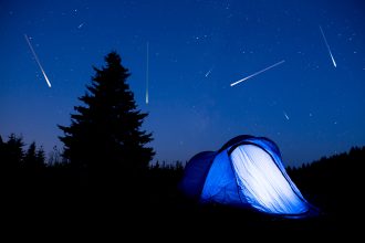 Meteor Shower in the night sky with a tent