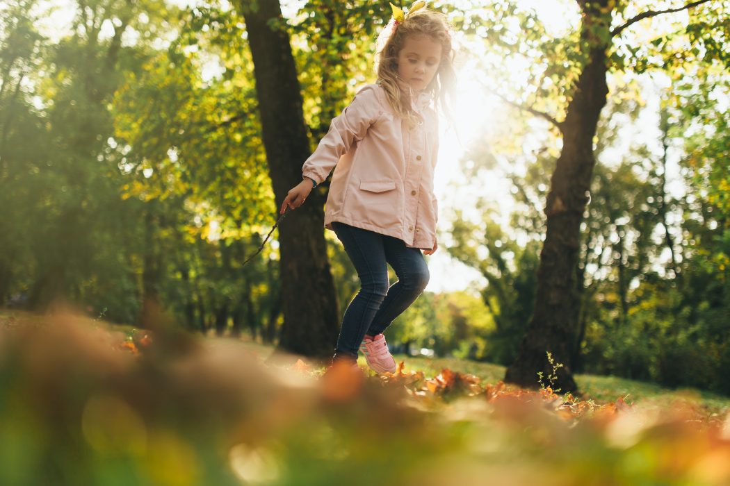A child playing in Autumn leaves